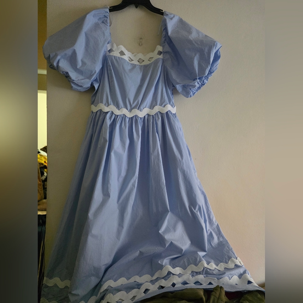 English Factory Scallop-Trim Cotton Midi Dress Sz L Blue Ecru Trim Nwt - Picture 12 of 16